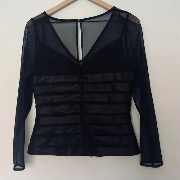 Vintage Dressbarn Women's Black Ribbed 90s Goth V-neck Corset Style Blouse sz 10 - Picture 6 of 13